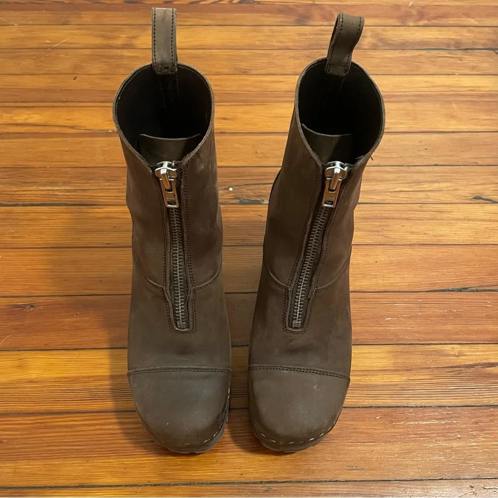 Swedish Hasbeens Zip Front Platform Clog Boot Scandi Size 41 Women Brown Nubuck - Picture 5 of 12